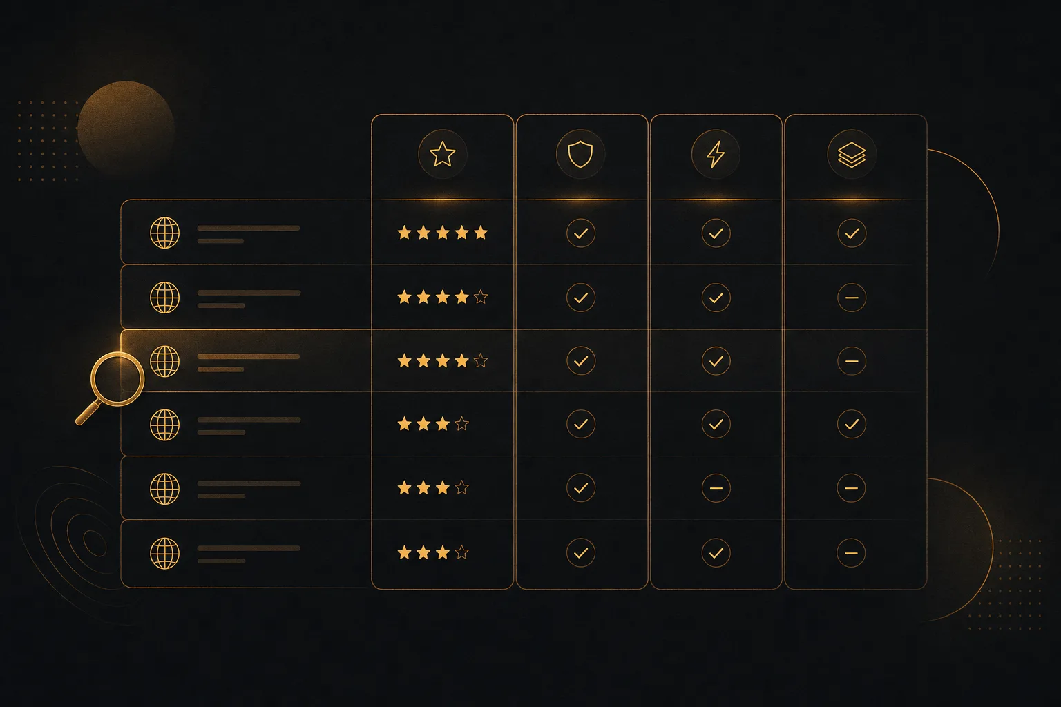 Comparison grid of avatar tools with rating bars, language globes, and checkmark columns