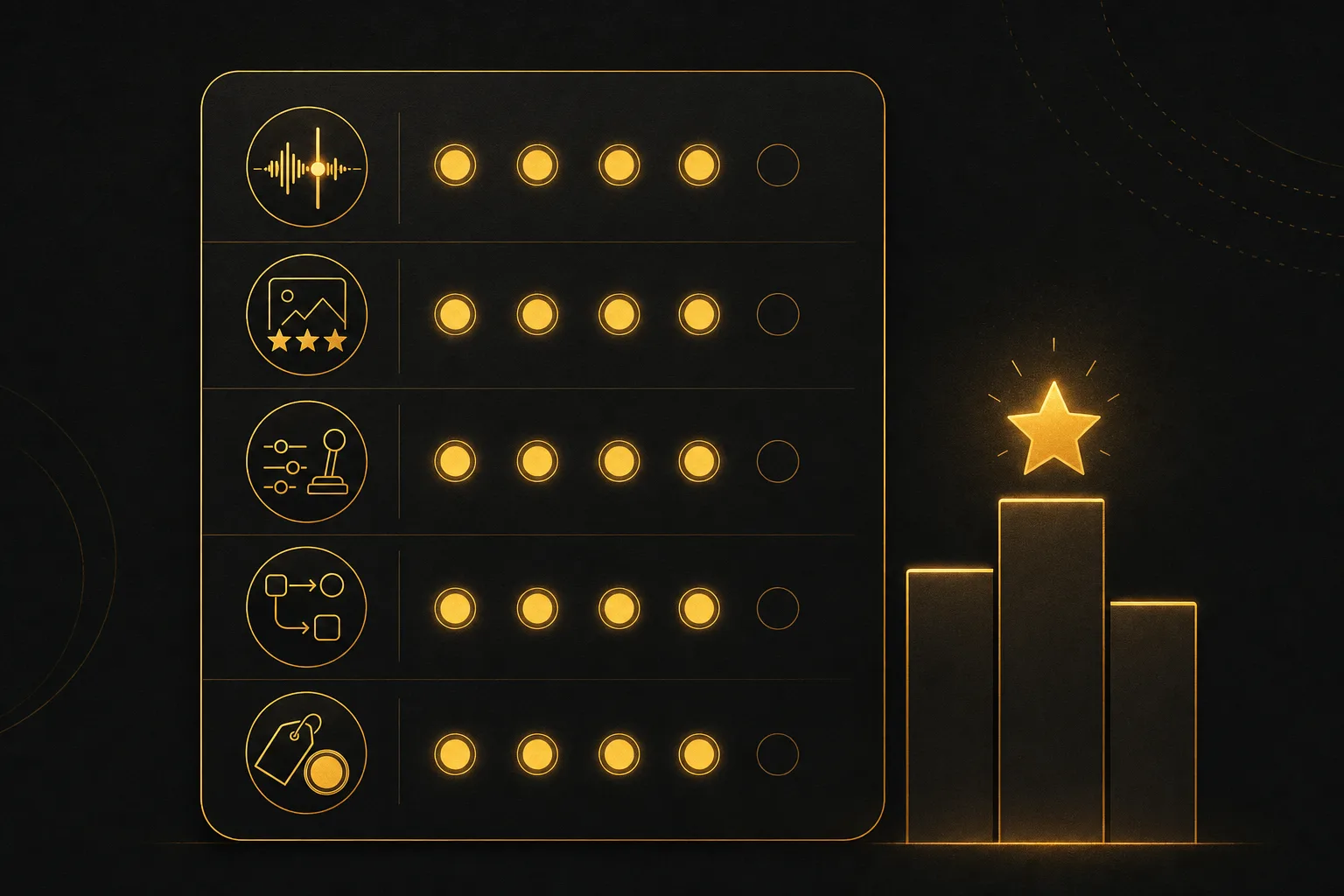 Five evaluation criteria represented as icons on a scorecard for ranking AI music video tools