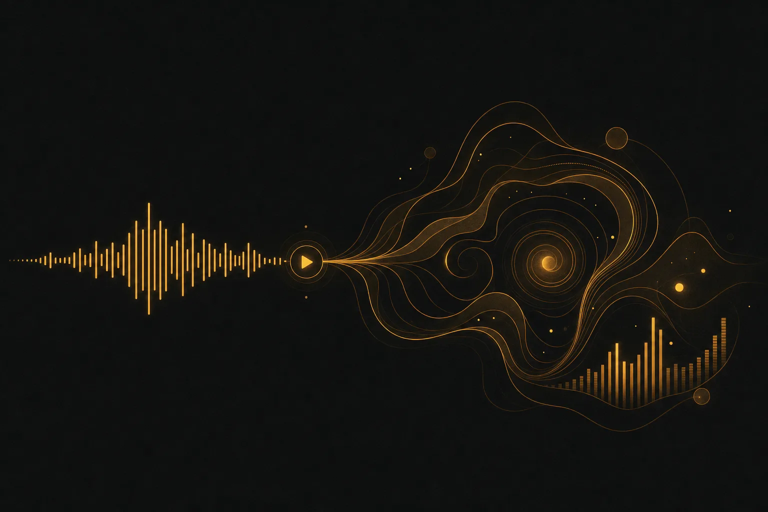 An audio waveform morphing into evolving abstract visuals, representing audio-reactive video generation