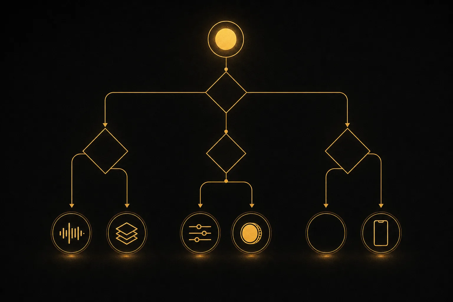 A branching decision flowchart with question nodes guiding the choice of an AI music video tool