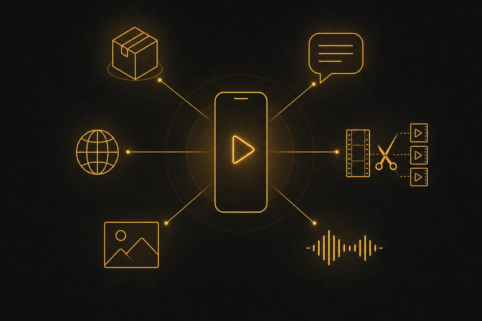 Vertical phone screen connected to a hub of content tools representing an all-in-one UGC ad workflow