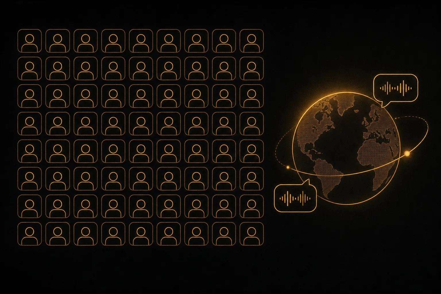 A large grid of identical generic avatar placeholders with a globe and speech bubbles signalling many languages