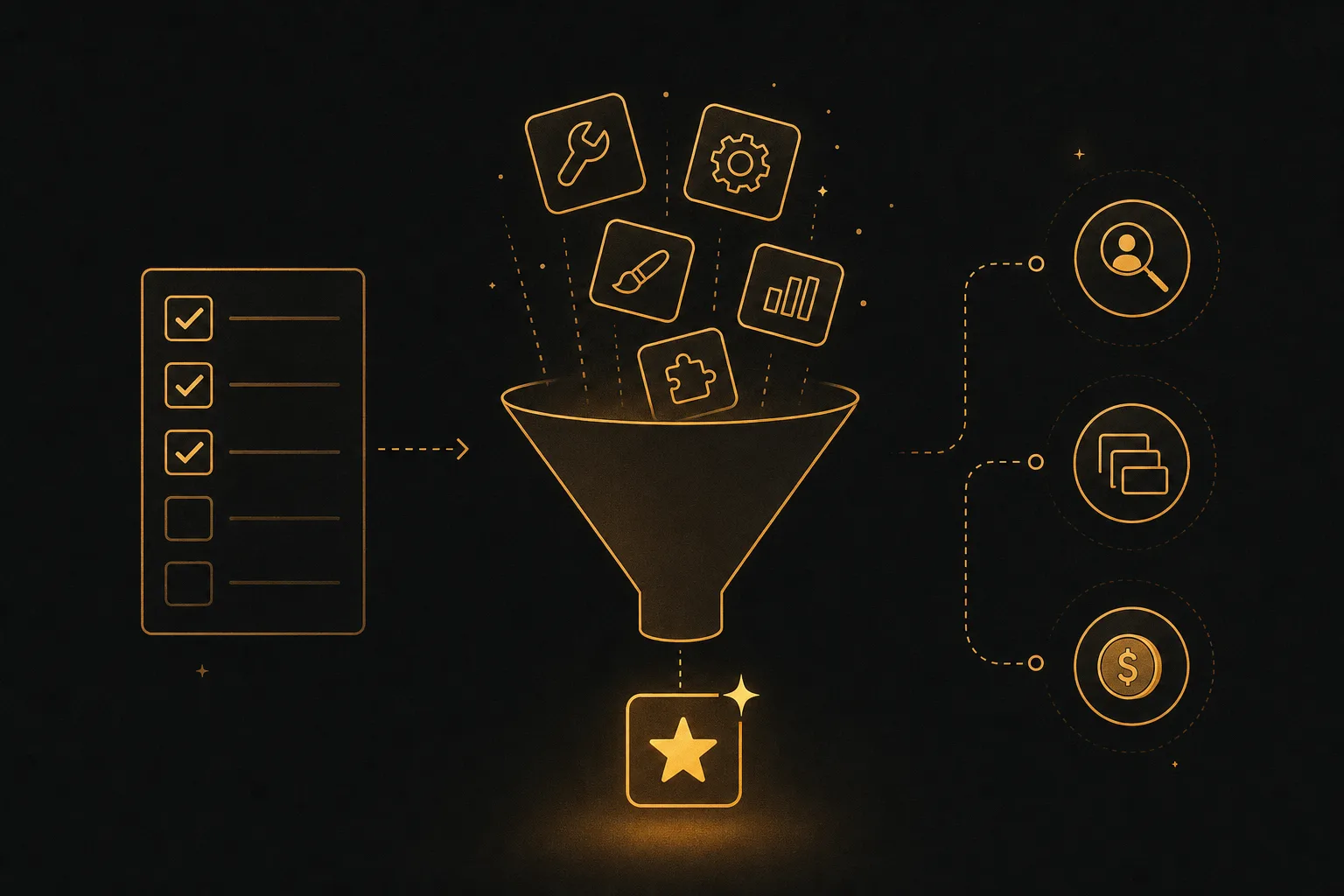 A checklist and decision funnel filtering tool options down to a single highlighted pick