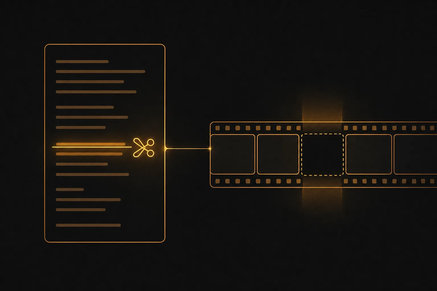 A document page connected to a video timeline, showing text edits driving cuts in the footage