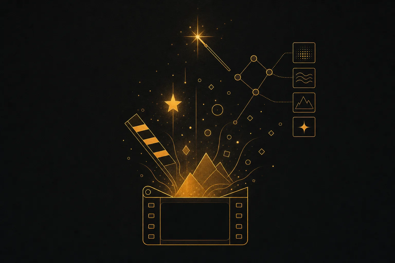 A magic wand sparking over a film frame that transforms blank space into generated shapes and effects