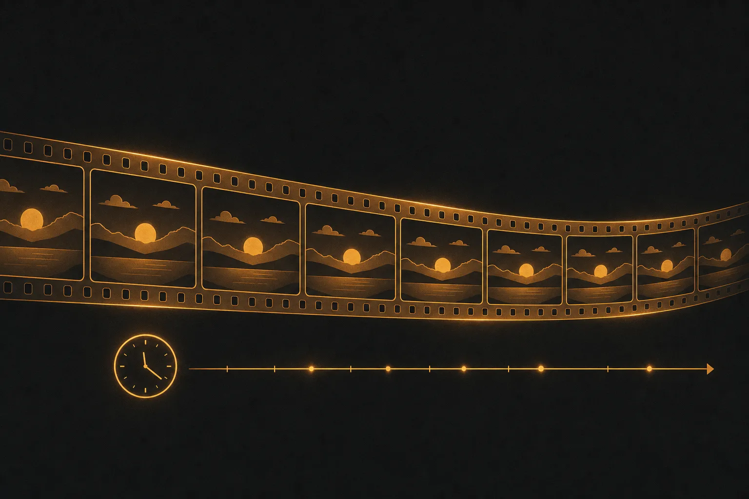 A long unbroken film strip flowing across multiple frames showing one continuous coherent scene
