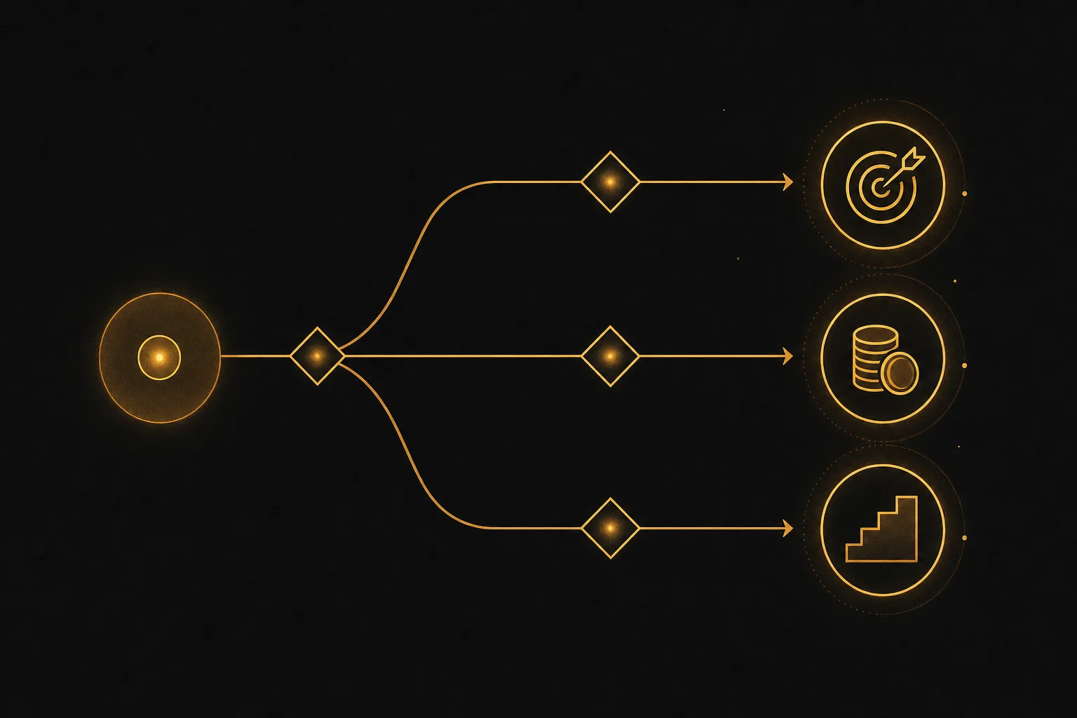 A branching decision flowchart with three forking paths representing goal, budget, and skill level