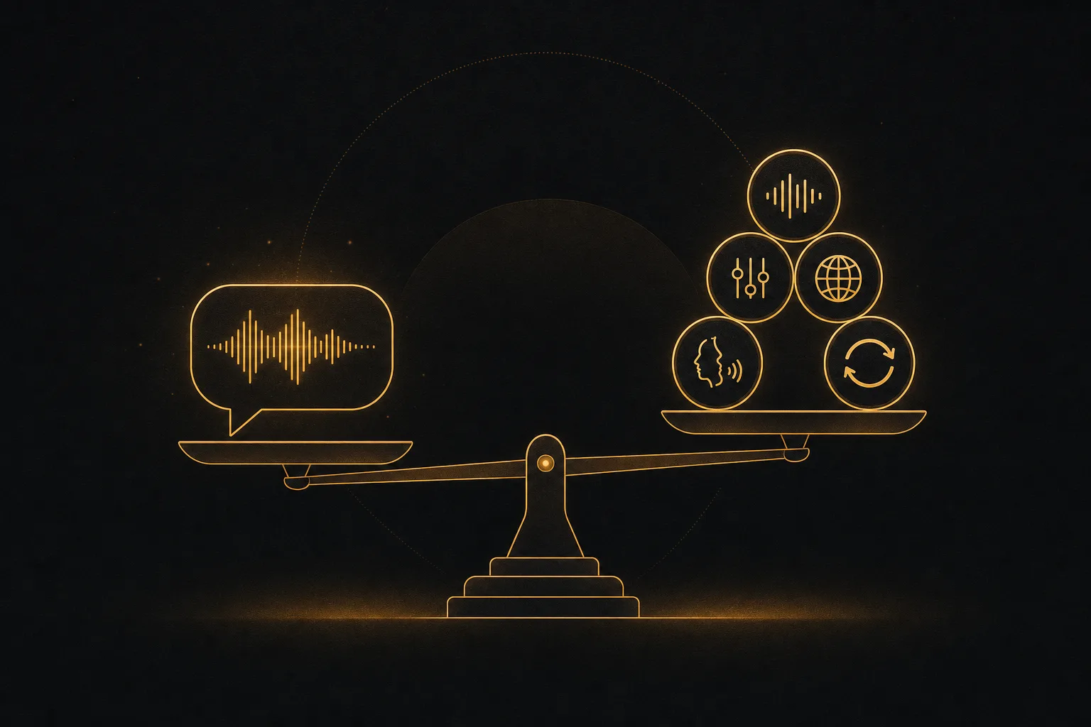 Five ranking criteria for AI voice generators shown as line icons on a balanced scale