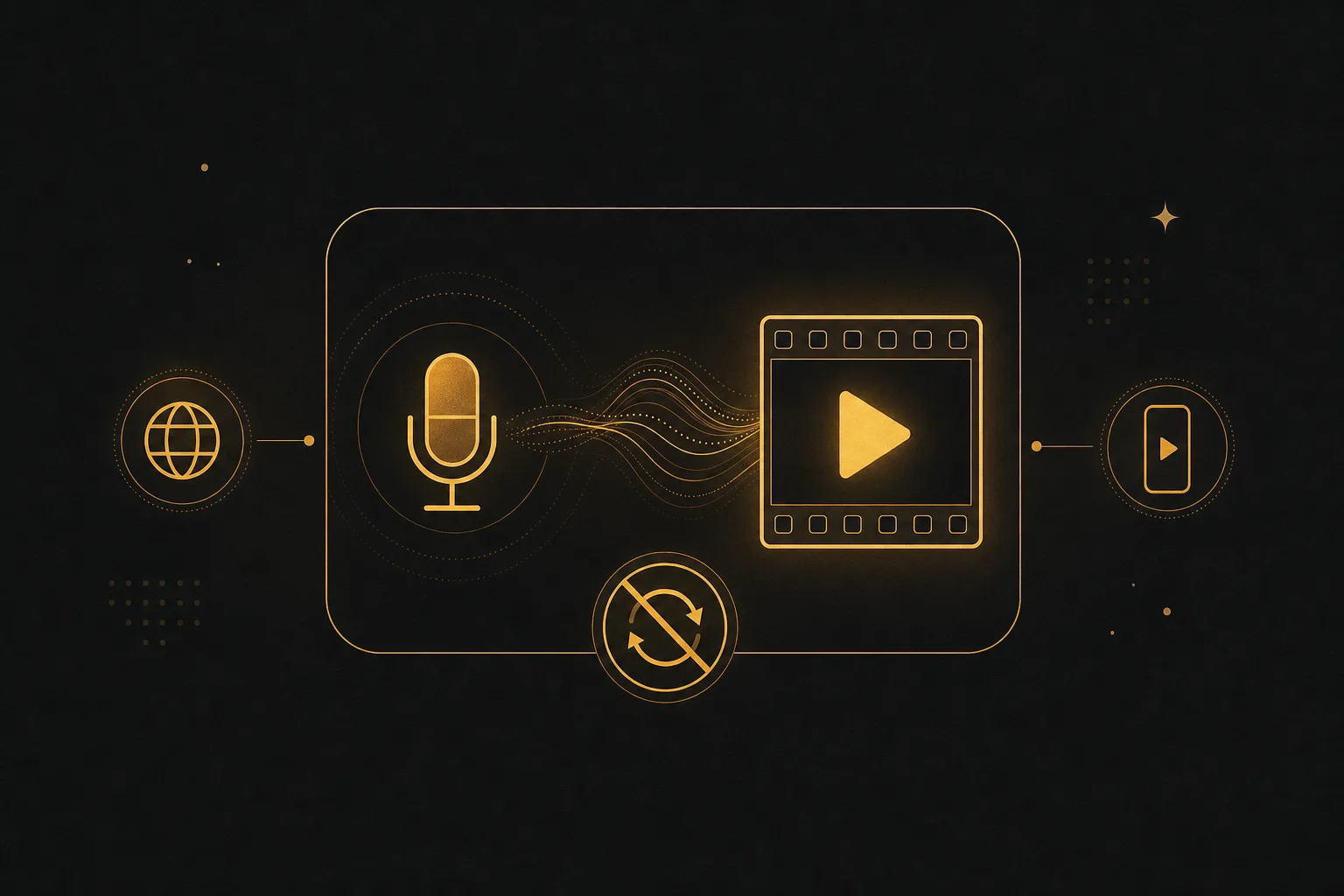 A microphone and a play button merged into one connected video editing workflow with no export step