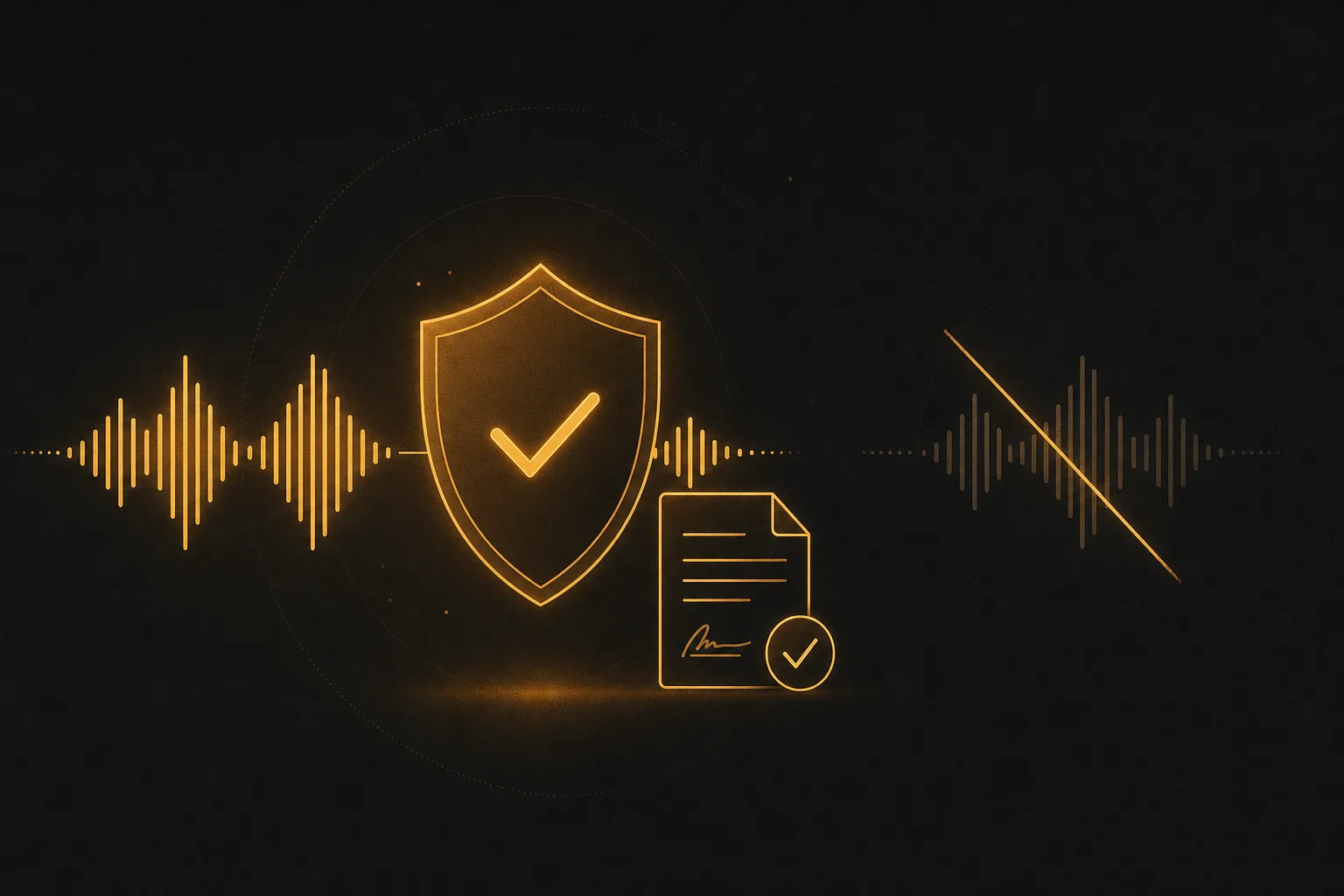 Voice waveform protected by a shield and a checkmark consent document, with a duplicated voice marked off