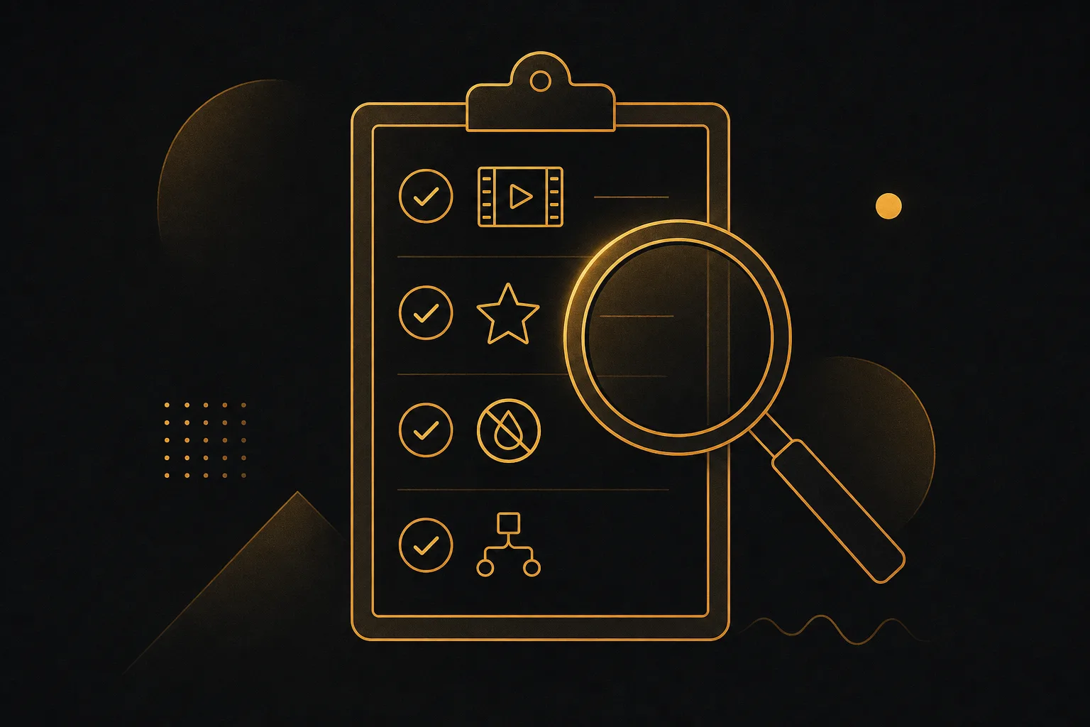 Checklist and magnifying glass evaluating video clip criteria