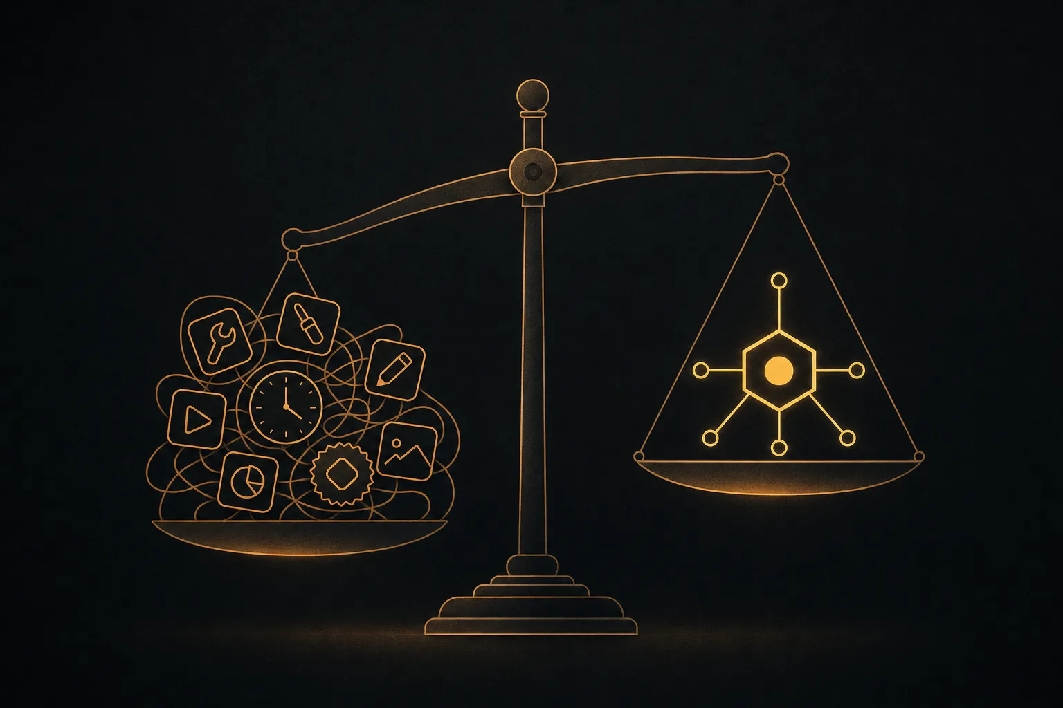 A balance scale weighing scattered free tool icons against one unified platform