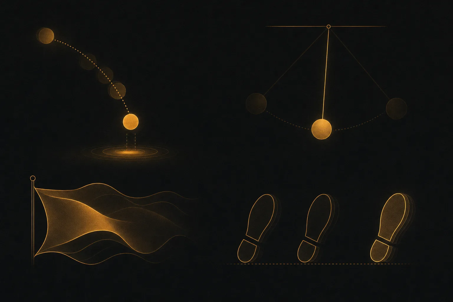 Motion and physics rendered as a clean line-icon sequence