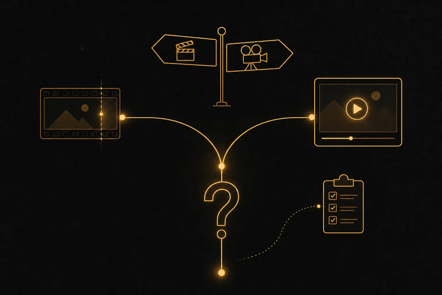 A decision crossroads with branching signposts guiding a tool choice