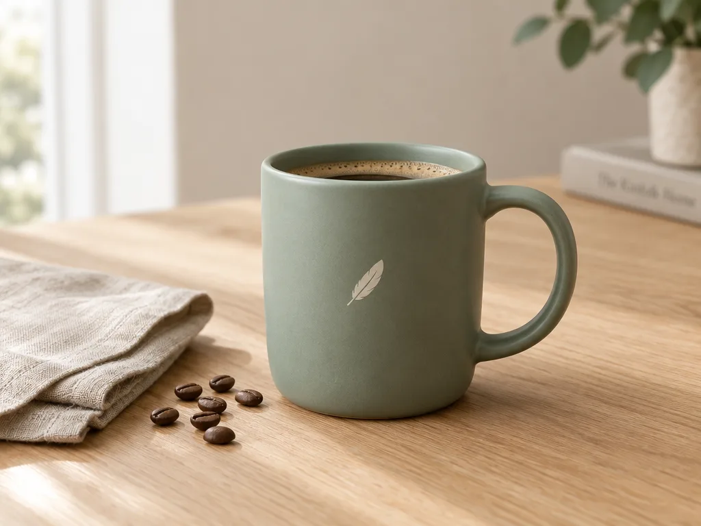 Photorealistic studio photo of a sage-green ceramic mug with a feather logo on a light oak table, next to a linen napkin and coffee beans