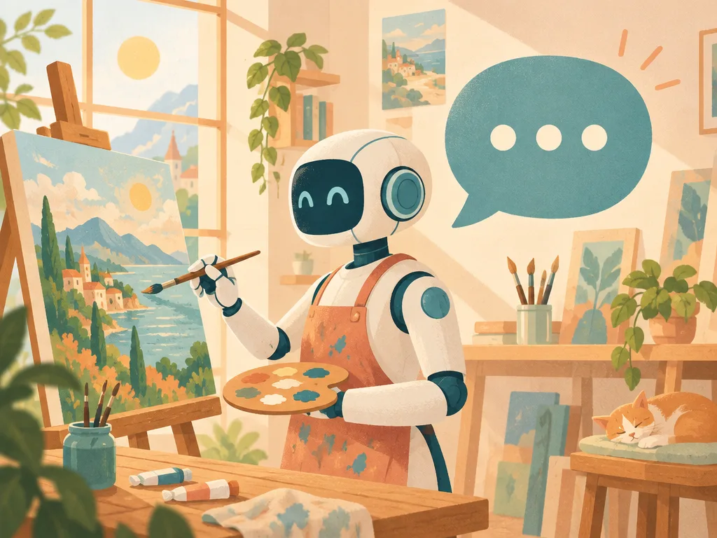 Flat editorial illustration of a friendly robot painting a landscape next to a chat bubble, generated from Claude through the Vuela connector