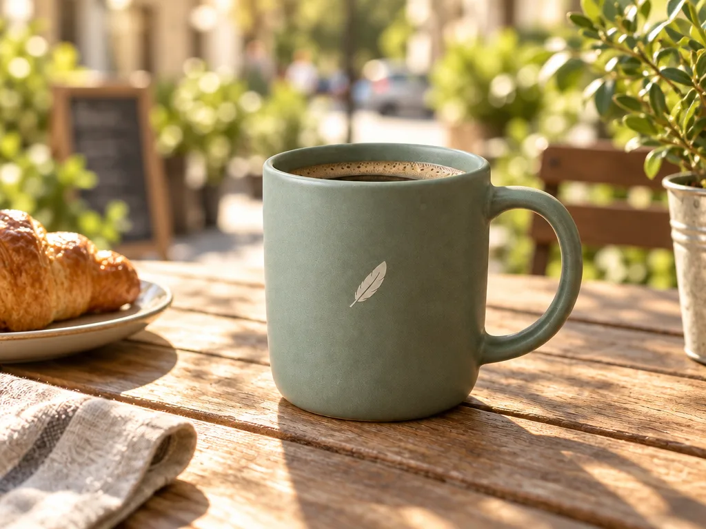 The same sage-green mug, now on a wooden table on a sunny café terrace with a croissant and plants in the background