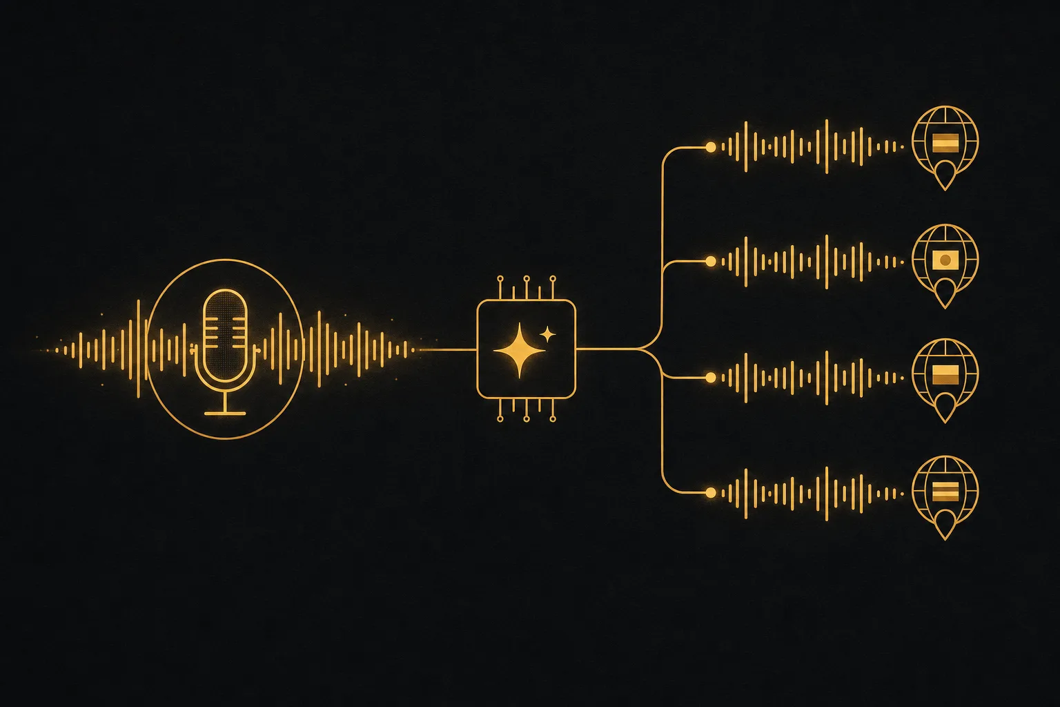 Onda de sonido original conectada a varias salidas de idiomas mediante un circuito de IA que conserva la voz