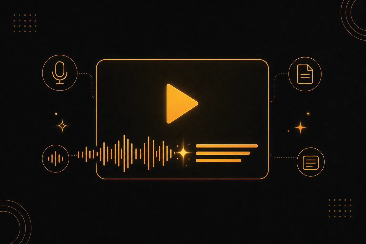 Flat minimalist icon of an audio waveform feeding into a video frame with auto-generated caption lines