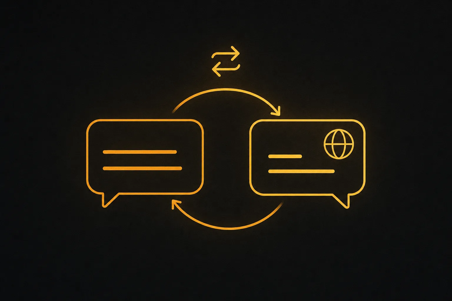 Flat minimalist icon of a speech bubble with caption lines duplicating into a second bubble marked with a globe