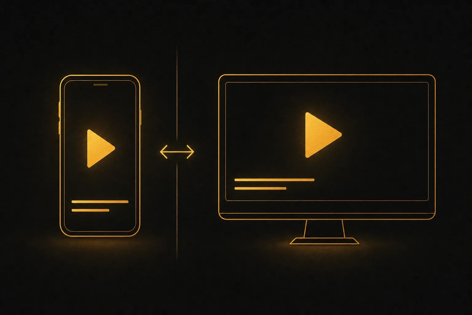 Flat minimalist icon of a vertical phone and a wide monitor side by side, each showing caption lines