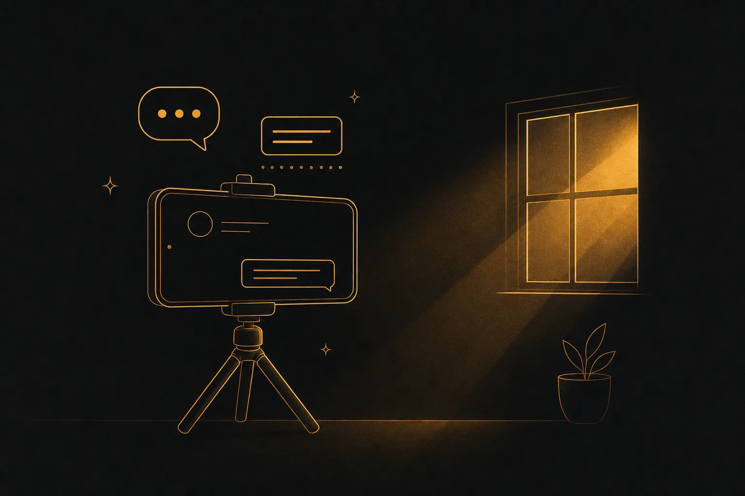 Minimalist illustration of a smartphone on a tripod beside a window, representing the simple gear a UGC creator needs
