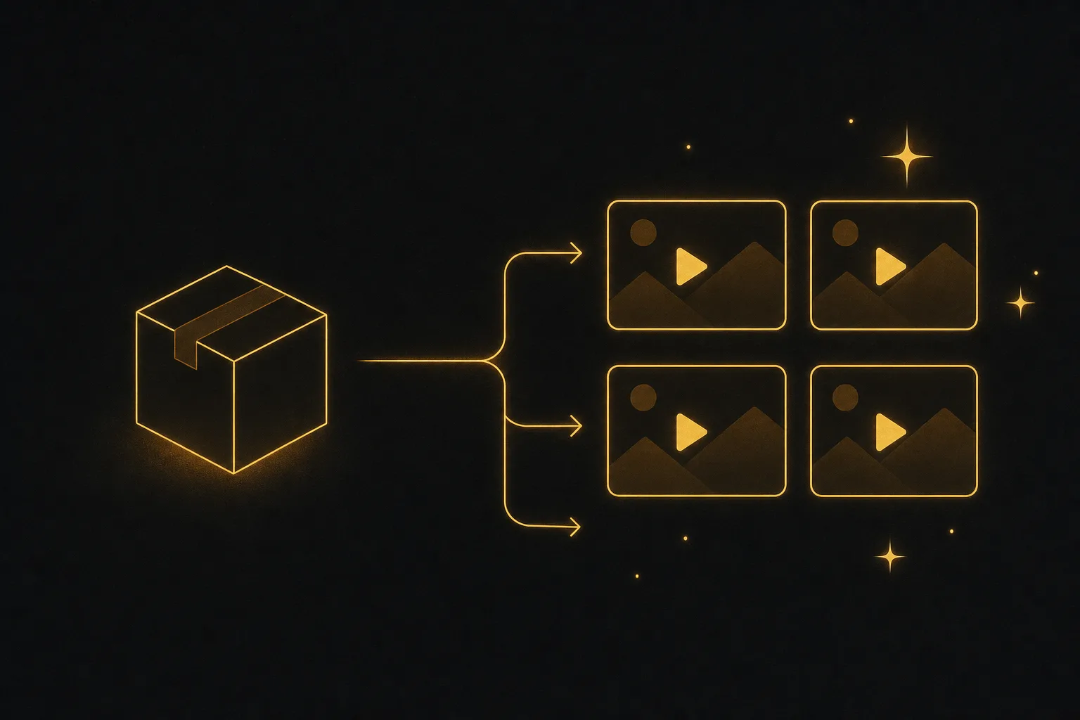 Minimalist illustration of a product box transforming into a grid of video ad variations, representing fast AI-built portfolio content