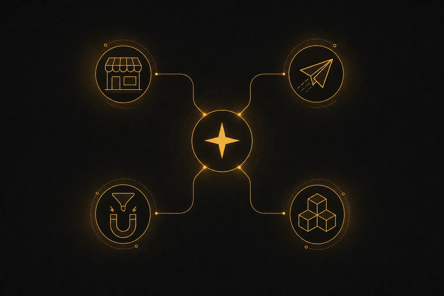 Minimalist illustration of four connected nodes funneling into a creator hub, representing the four channels for finding paying brands