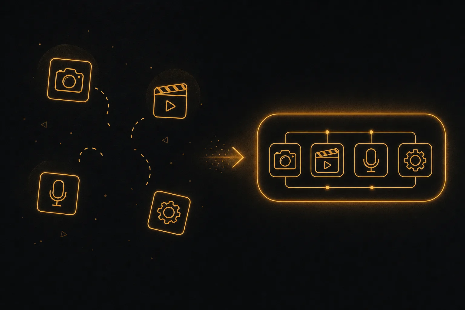 Flat line-icon illustration contrasting scattered single-purpose tools with one unified all-in-one toolkit