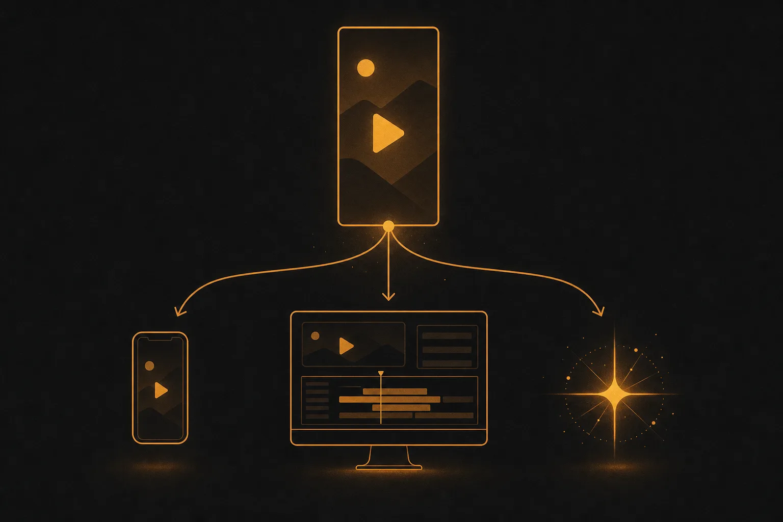 Three editing paths branching from a vertical video frame: a phone, a desktop timeline, and an automated AI spark