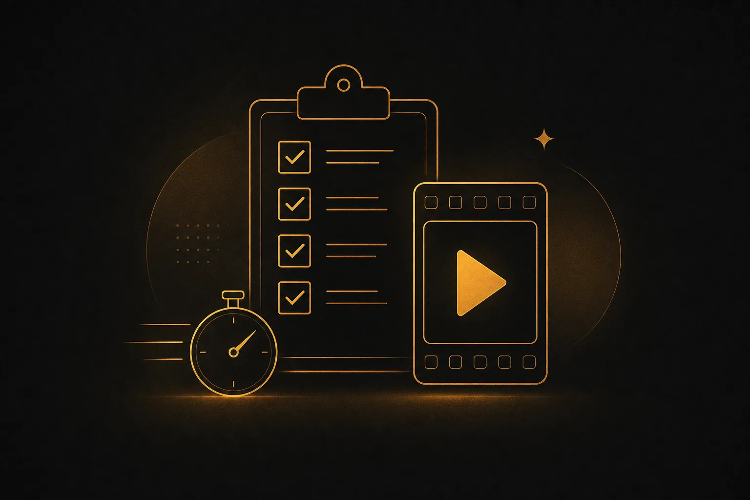 A clipboard checklist with amber checkmarks beside a small vertical video frame and a play button