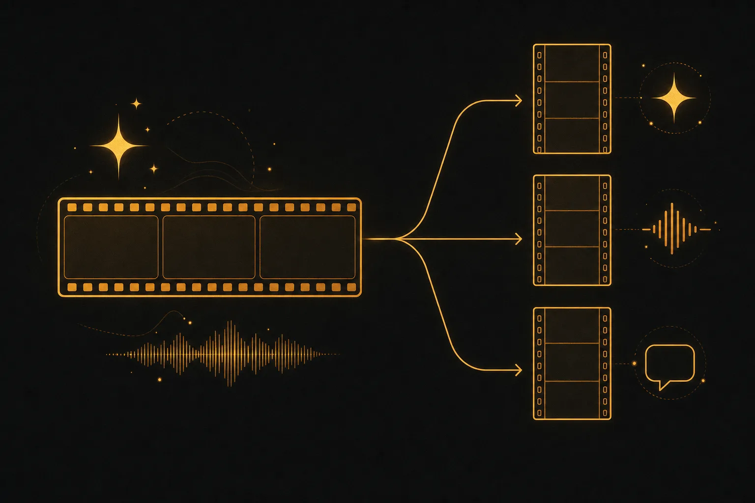 A long video clip splitting into several short vertical clips, with sparkle and waveform icons representing AI generation, voiceover, and captions