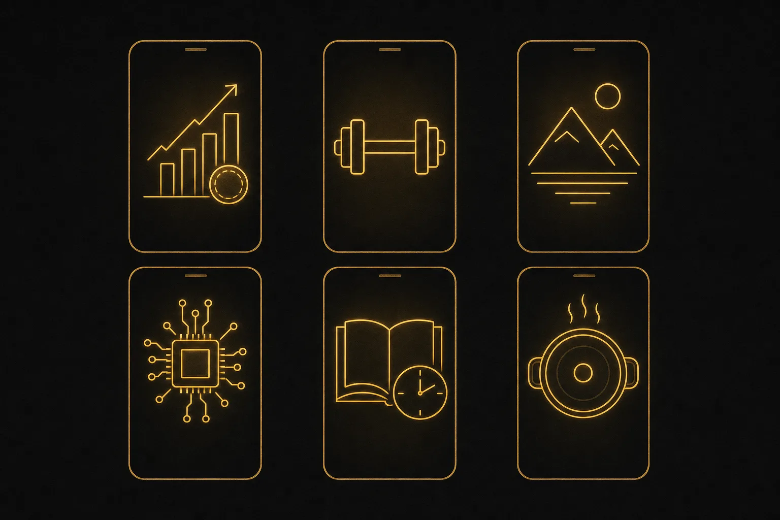 Grid of icons representing faceless reel niches like finance, fitness, travel, and tech inside vertical phone frames