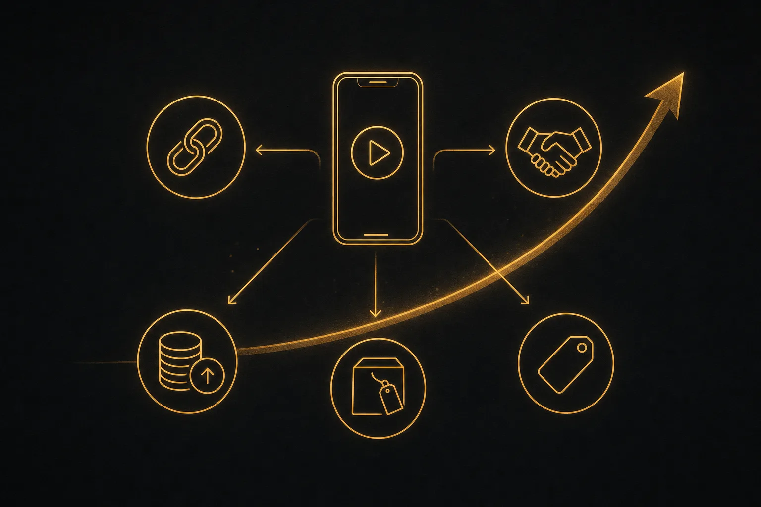 Icons showing monetization paths for faceless reels flowing from a phone toward coins and growth