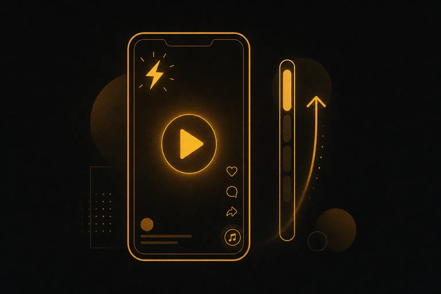 Ilustración de vídeo vertical estilo TikTok con gancho inicial, reproducción y llamada a la accion