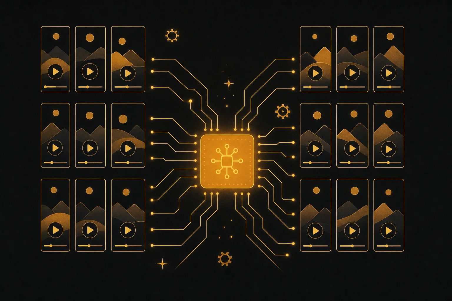 Ilustración de produccion de multiples vídeos UGC a escala con inteligencia artificial