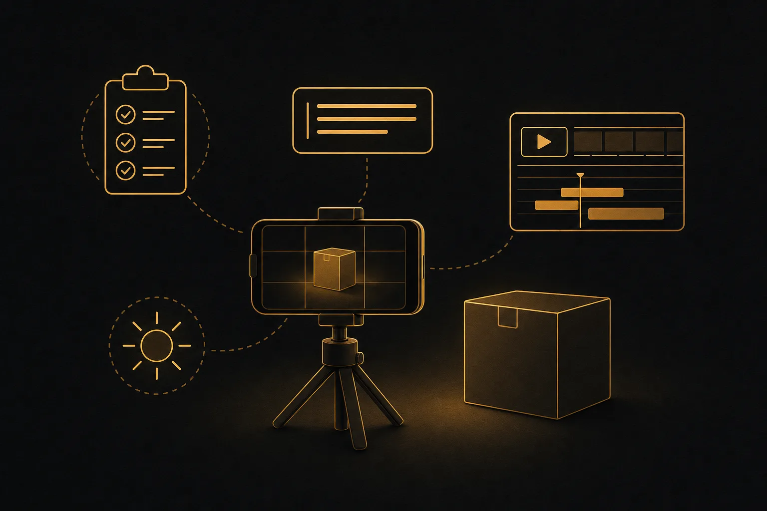 Flat icon scene of a smartphone on a tripod filming a product, surrounded by a brief checklist, a script line, and an editing timeline