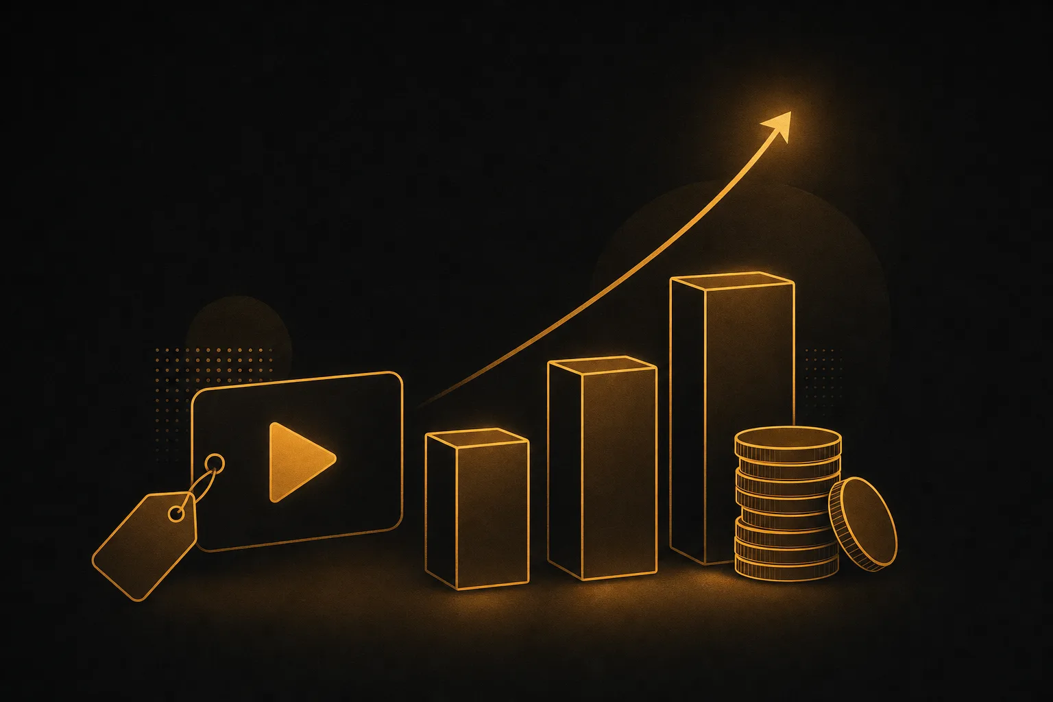 Flat icon illustration of stacked coins, an ascending bar chart, and a price tag representing per-deliverable creator earnings