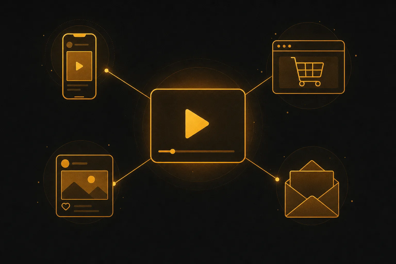 Flat icon hub showing a video clip card distributed to a phone ad, a shopping page, a social feed, and an email envelope