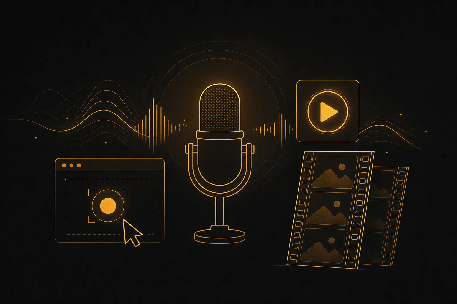 Flat minimalist icons of a microphone, sound waves and a play button representing faceless voiceover video production