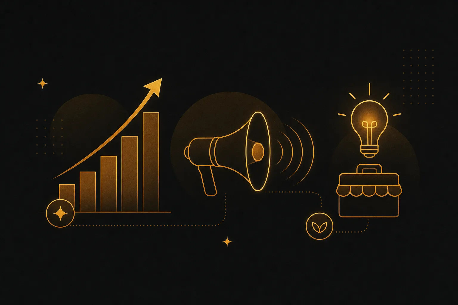 Flat minimalist icons of a rising bar chart, a megaphone and a lightbulb representing business and marketing video content