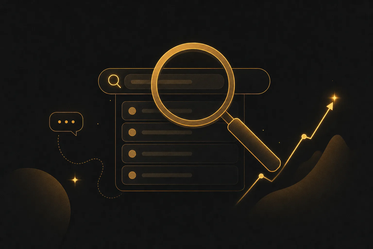 Flat minimalist icons of a magnifying glass over a search bar with a dropdown of suggestions and a trend graph, representing idea discovery