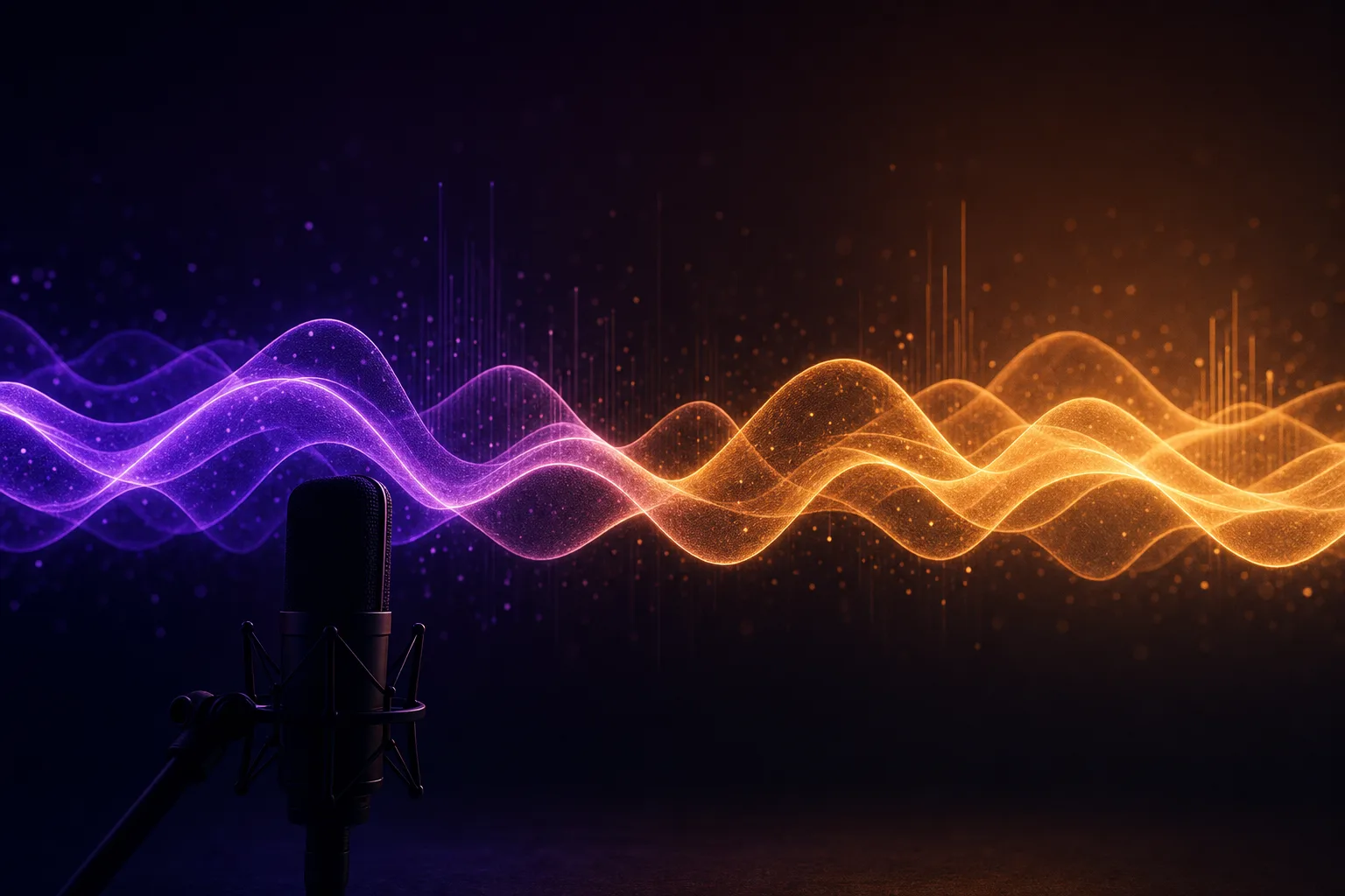 Abstract: glowing soundwave ribbons in deep purple and warm amber across a dark studio.