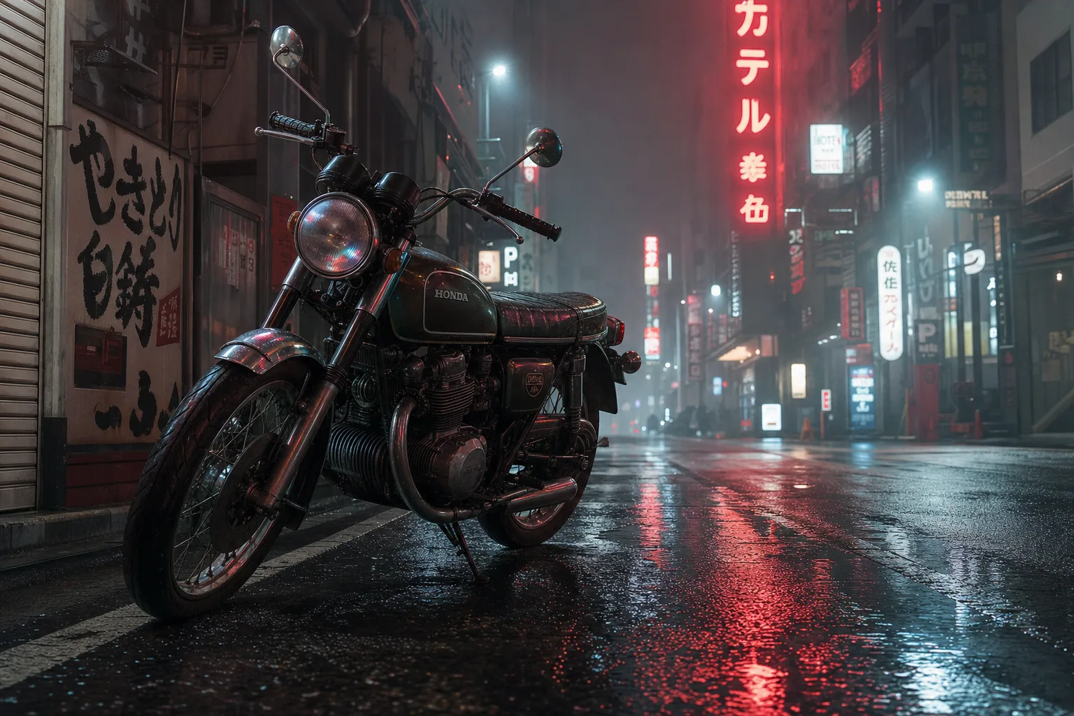 Vintage motorcycle on a foggy Tokyo street at night, neon reflections on wet pavement.