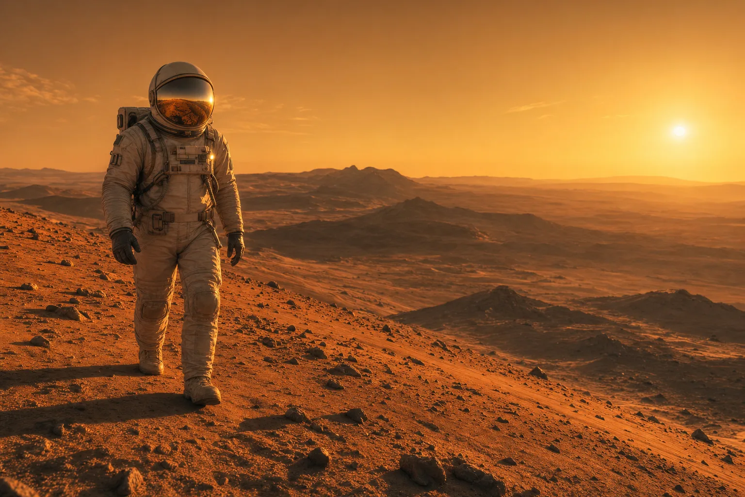 A lone astronaut walking across a martian dune at golden hour, cinematic wide.