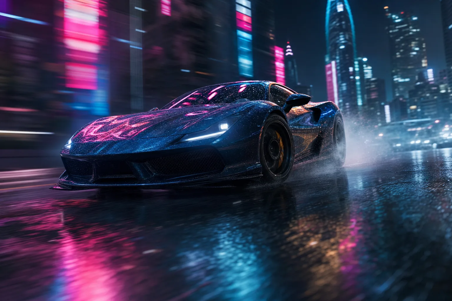 A sleek sports car drifting through neon-lit city streets at night, crash zoom into the headlights, rain on the windshield, cinematic.