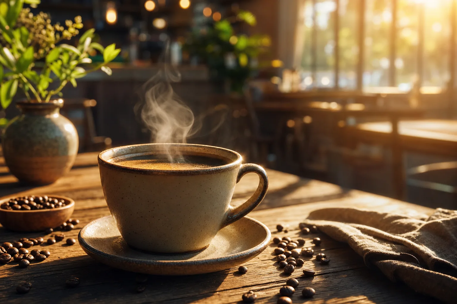 Slow dolly-in on a steaming cup of artisan coffee on a wooden cafe table, morning sunlight, soft bokeh background, product ad style.