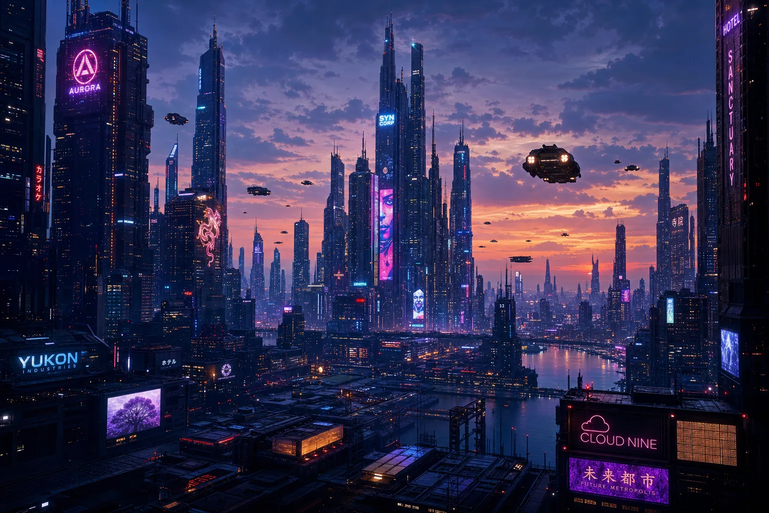 Futuristic city skyline at dusk with neon signs and flying vehicles, ultra wide.