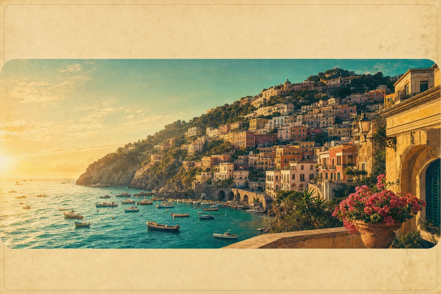 A bold retro travel poster for a coastal town, warm sunset palette, clean large headline text at the top and a smaller tagline below
