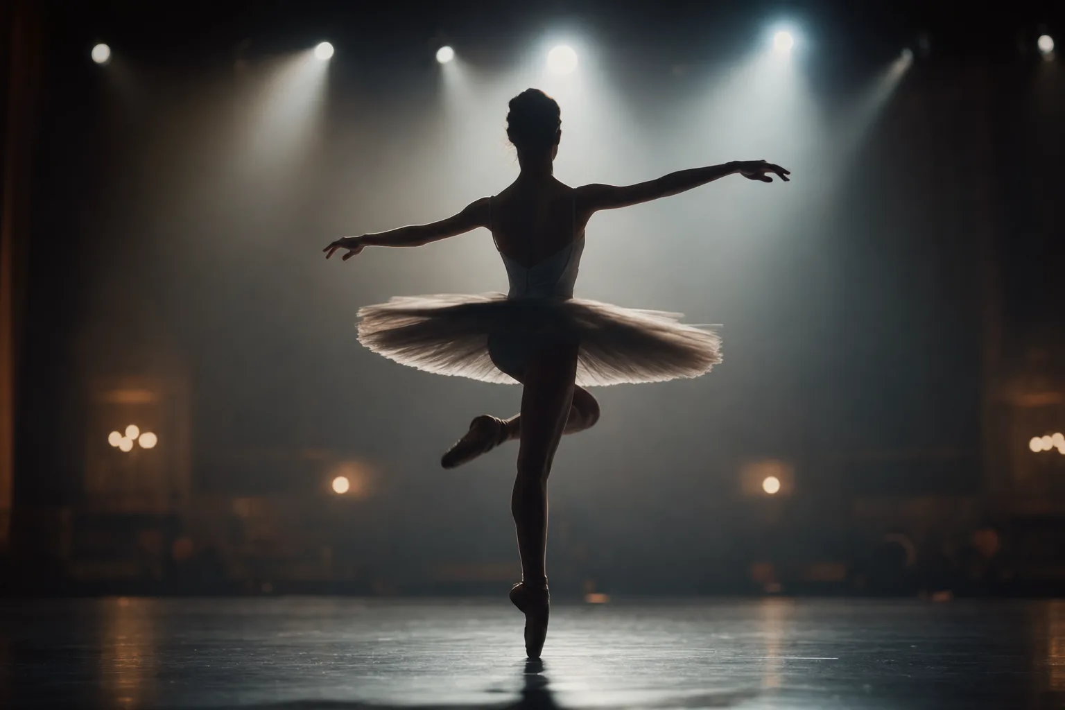 A graceful ballet silhouette mid-pirouette under stage spotlights, slow motion feel.